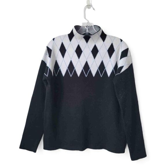 TAHARI Argyle Pattern Long Sleeve High Neck Pullover Sweater Black White Medium - Picture 1 of 6